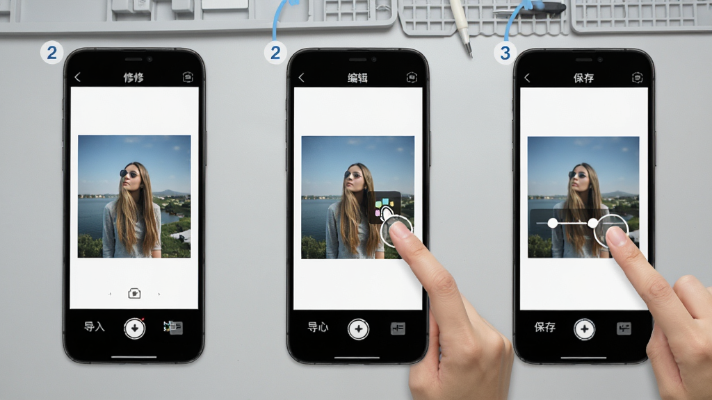 美图修修软件移动端操作示意图,手机屏幕展示从相册导入照片后的编辑界面,画面中有手指点击滤镜图标、拖动调节滑杆的动作示意,界面标注了“导入”“编辑”“保存”三个步骤序号,背景为浅灰色工作台,风格简洁直观,画质清晰,无多余装饰元素