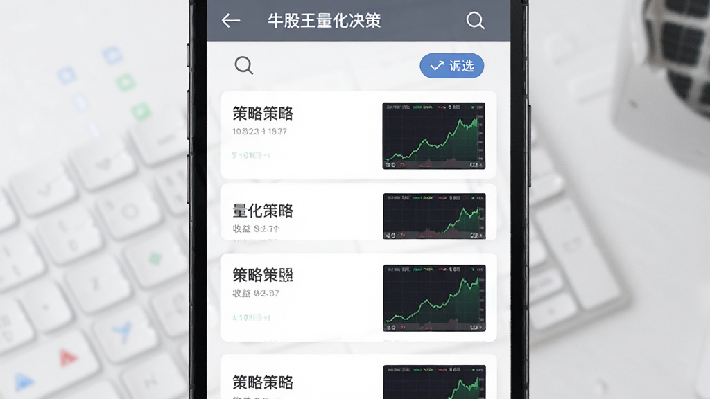 牛股王量化决策量化策略选股界面,画面主体为手机屏幕显示策略卡片列表,每张卡片带有策略名称与收益曲线缩略图,布局为纵向排列,风格为简约商务风,细节包含放大镜图标与筛选按钮,画质清晰,干净,无多余元素
