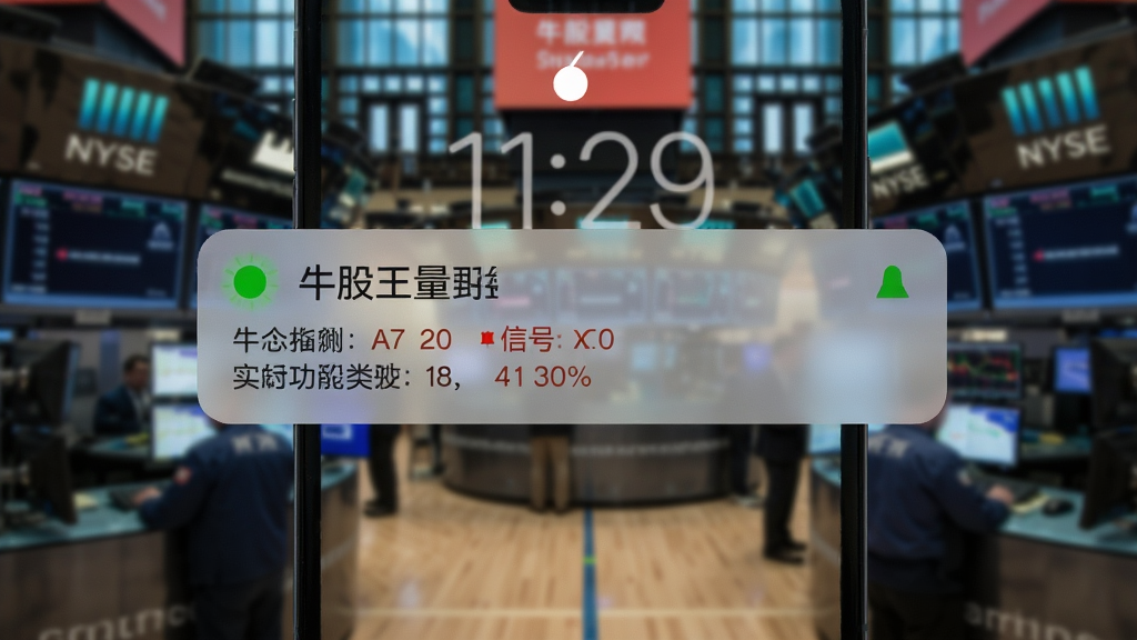 牛股王量化决策实时信号提醒功能展示,画面为手机锁屏界面弹出通知横幅,横幅上显示股票名称与信号类型,背景为模糊的交易大厅场景,布局突出通知内容,风格为写实科技风,细节包含红绿信号灯图标,画质清晰,干净,无多余元素