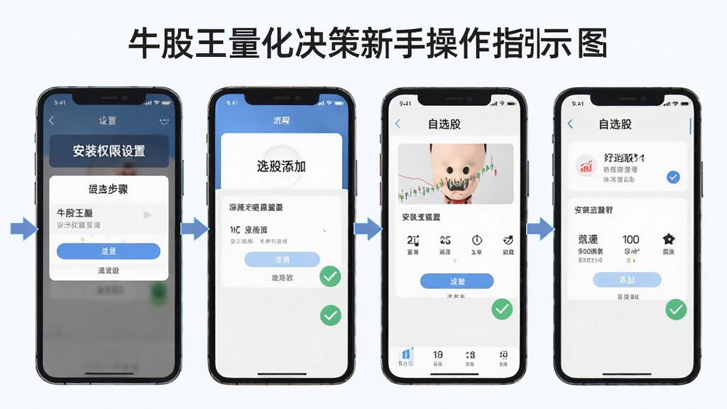 牛股王量化决策新手操作指引示意图,画面为手机屏幕展示安装权限设置步骤与自选股添加流程,布局为分步截图排列,风格为扁平化教程风,细节包含箭头指引与勾选标记,画质清晰,干净,无多余元素