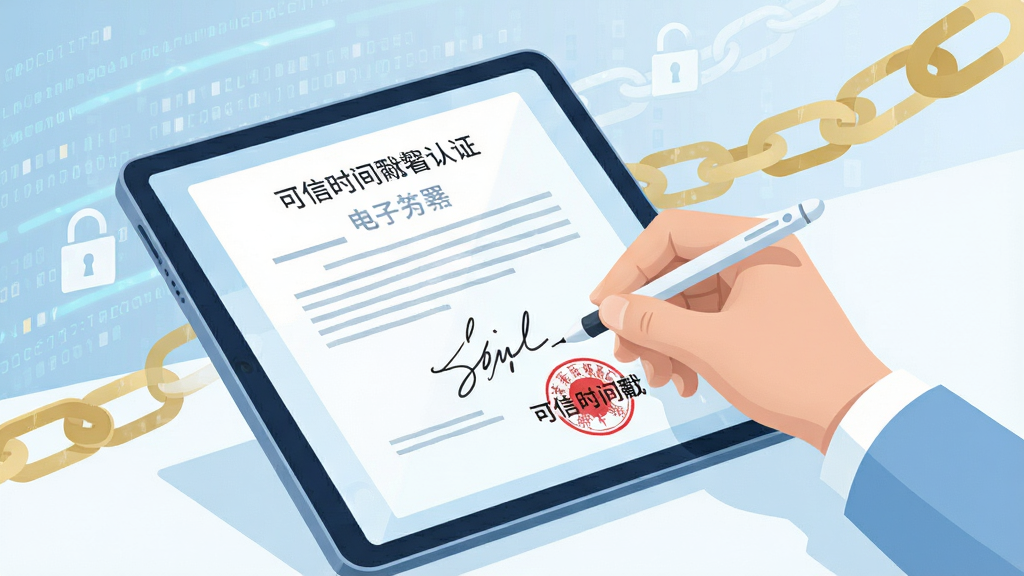 一幅描绘电子合同签署场景的插画,画面中一只手拿着触控笔在平板电脑屏幕上签名,屏幕显示一份带有红色印章的电子文档和“可信时间戳”字样,背景是抽象的数据流和锁链图案,风格商务简约,色彩以淡蓝、白色和金色为主,细节突出签名笔迹与时间戳认证标识,画质高清,整体干净利落。
