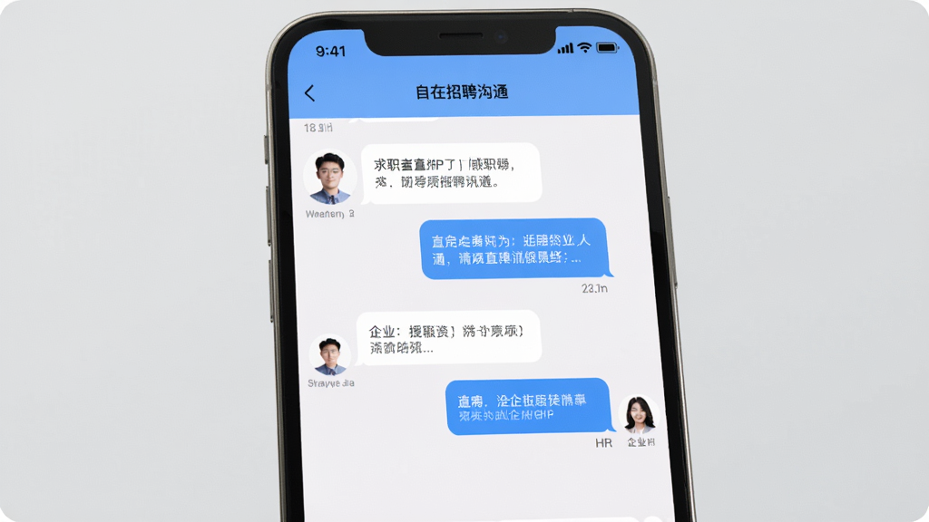 一张展示自在招聘APP内直聊沟通界面的图片,画面中一部手机显示聊天对话框,左侧为求职者头像,右侧为企业HR头像,对话气泡中包含文字内容,背景为淡灰色,风格现代简约,画质清晰,干净无多余元素