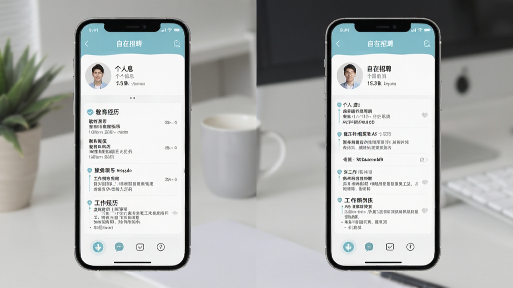 自在招聘APP简历管理页面预览图,手机屏幕显示简历编辑界面,包含个人信息、教育经历、工作经历等模块,界面整洁,配色柔和,风格清新商务,画质清晰,干净无多余元素