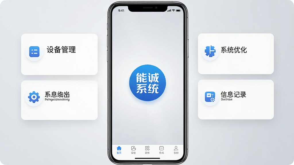 一张展示能诚系统软件主界面的手机屏幕截图,画面中央是能诚系统的蓝色圆形图标,周围环绕着设备管理、系统优化、信息记录等功能模块的卡片式布局,背景为浅灰色渐变,风格简洁科技感,细节包含状态栏图标和底部导航栏,画质清晰干净,无多余元素