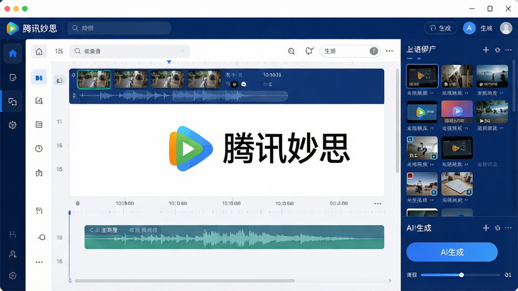 一张展示腾讯妙思软件主界面的全景图,画面中央是软件logo和名称“腾讯妙思”字样,周围环绕着视频时间轴、素材库面板和AI生成按钮,界面以深蓝色和白色为主色调,布局清晰,风格现代科技感,细节包括缩略图、波形音频条和渲染进度条,画质高清,干净整洁,无多余元素