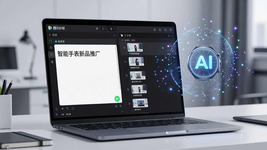 画面中一台笔记本电脑屏幕上显示腾讯妙思的脚本编辑界面,左侧是输入框内写着“智能手表新品推广”,右侧是自动生成的视频分镜脚本列表,屏幕旁边漂浮着代表AI的发光粒子特效,背景是简洁的办公桌面,风格商务科技,细节清晰,画质锐利,干净无杂物