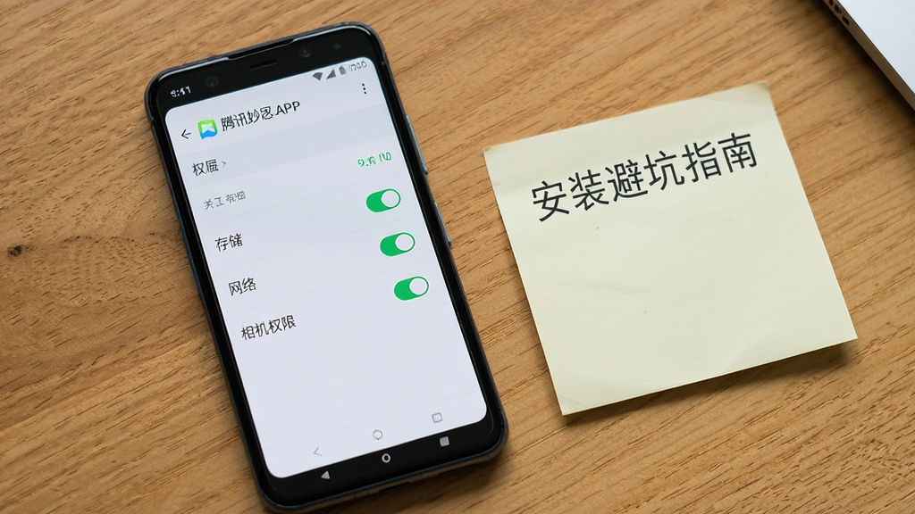 一部安卓手机屏幕上显示腾讯妙思APP的权限设置界面,列表中存储、网络、相机权限均已开启,手机旁边放着一张写有“安装避坑指南”的便签纸,背景为木质桌面,风格生活化,细节清晰,画质高清,干净无多余元素