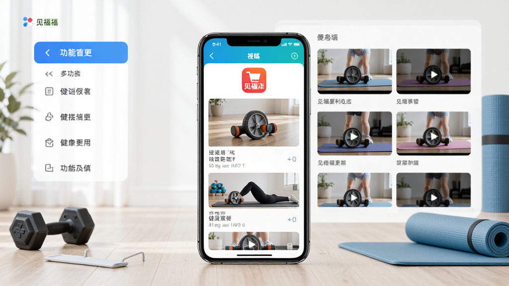 见福App主界面展示图,画面中央放置一部智能手机,屏幕内显示健腹轮锻炼视频列表与见福便利店图标,背景为简洁的居家健身场景,布局采用左右分栏,左侧为功能菜单,右侧为视频封面网格,风格现代清爽,细节包括哑铃、瑜伽垫等健身元素,画质高清,干净,无多余元素