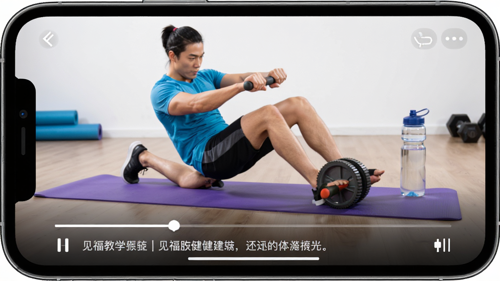 见福App健腹轮教学视频播放界面,画面主体为手机屏幕特写,屏幕中显示教练正在做健腹轮跪姿训练,画面下方有进度条和动作要点文字,布局为上下结构,风格运动活力,细节包括健身垫、运动水壶,画质清晰,干净,无多余元素