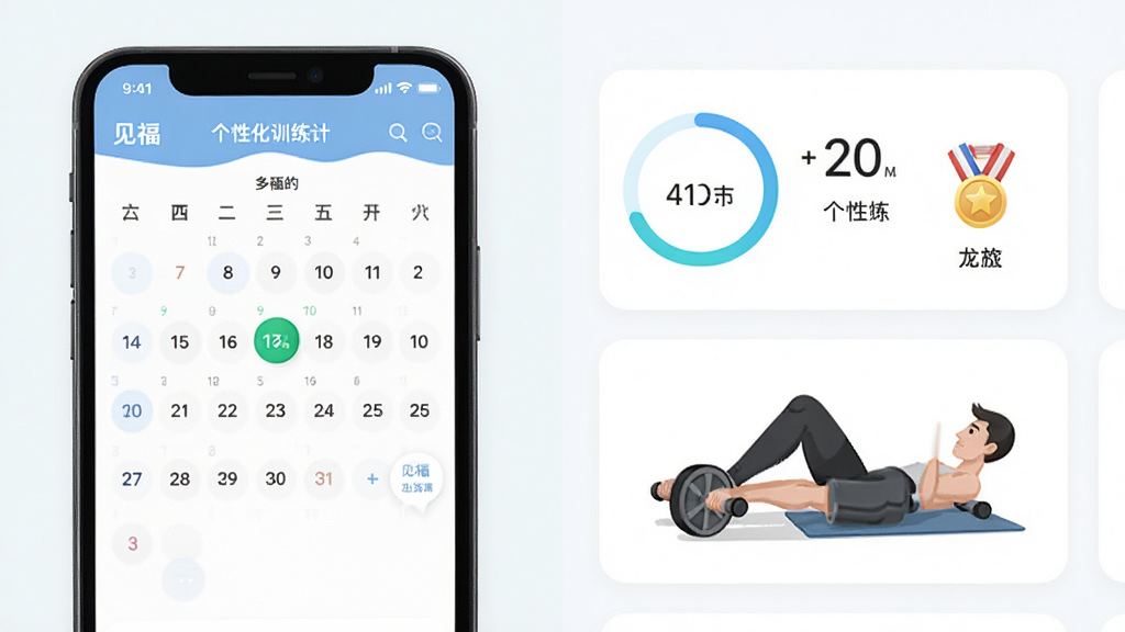见福App个性化训练计划界面,画面展示手机屏幕内日历打卡视图与健腹轮训练动作示意图,布局采用卡片式排列,风格清新简约,细节包括进度环、奖章图标,画质高清,干净,无多余元素
