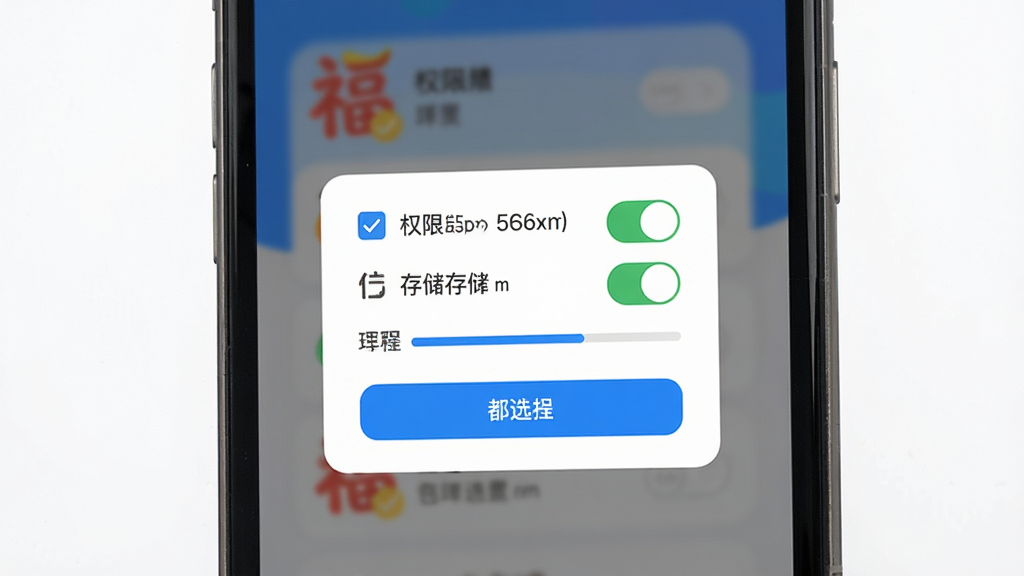 见福App新手设置引导界面,画面展示手机屏幕内权限开关与存储选择弹窗,布局为居中卡片式,风格简洁明快,细节包括勾选框、进度条,画质高清,干净,无多余元素