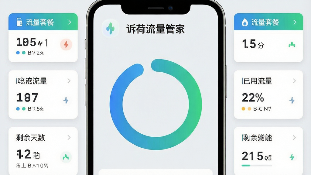 诉荷流量管家软件主界面展示,手机屏幕中央显示流量环形统计图表,蓝色与绿色渐变配色,顶部有