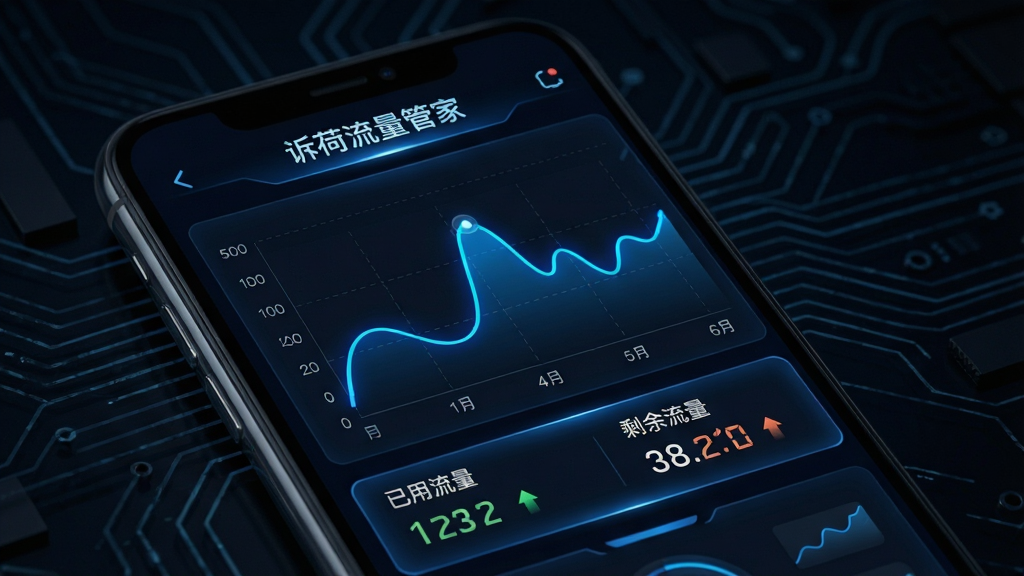 诉荷流量管家实时流量监控功能展示,手机屏幕显示动态流量曲线图,屏幕上方标注