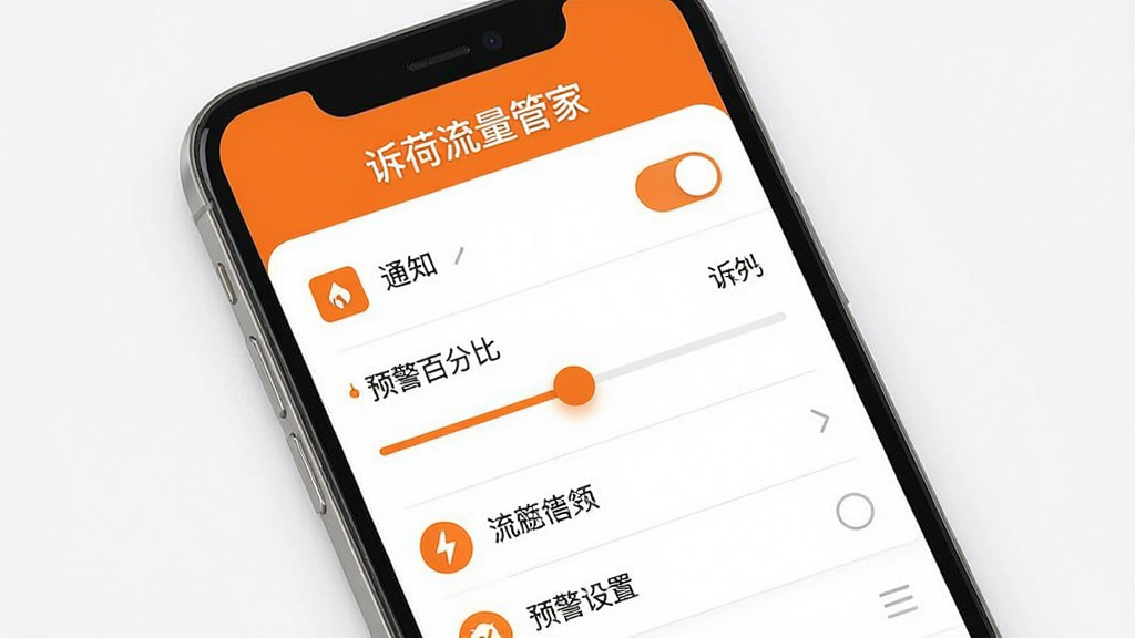 诉荷流量管家套餐预警设置界面,手机屏幕显示预警阈值滑动条,屏幕顶部有
