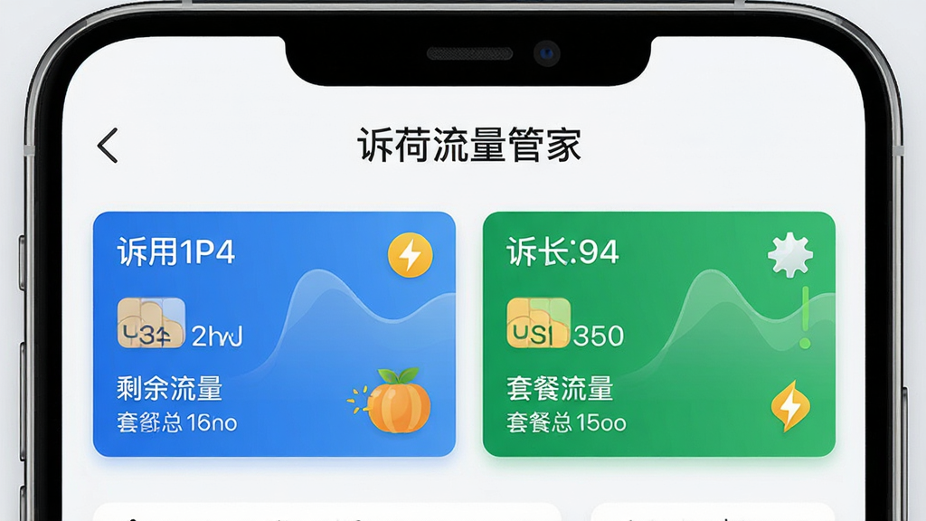 诉荷流量管家双卡统计界面,手机屏幕显示两张SIM卡并排的流量数据面板,屏幕顶部有
