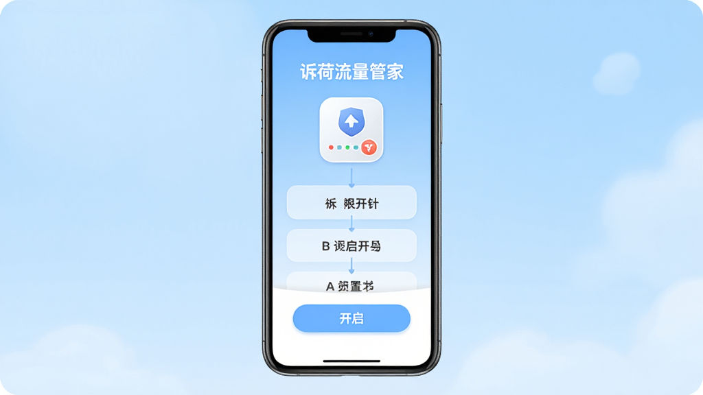 诉荷流量管家新手设置引导界面,手机屏幕显示权限开启引导页面,屏幕上方有