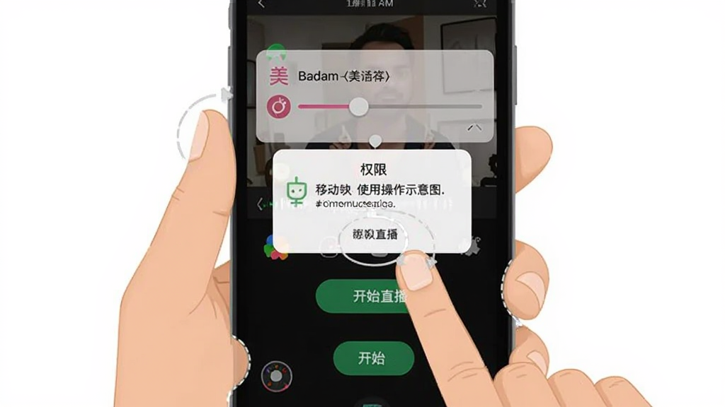 Badam Live 移动端使用操作示意图,主体为手持智能手机展示应用内直播设置页面,布局为手机屏幕居中、手指点击操作示意,排版简洁直观,风格为教程类插图,细节包含美颜调节滑块、开始直播按钮、权限提示弹窗,画质清晰,画面干净,无多余元素
