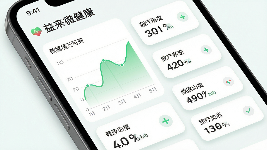 益得来微健康健康数据记录功能展示,画面主体为手机屏幕特写,屏幕上显示折线图和数字指标,布局为左侧图表右侧数据列表,排版整齐,风格为清新浅色系UI设计,细节上图表线条为绿色渐变,数据卡片带有圆角阴影,画质高清,干净,无多余元素