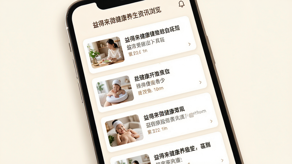 益得来微健康养生资讯浏览页面,画面主体为手机屏幕展示资讯列表,布局为上下结构的卡片式信息流,排版疏朗有致,风格为温暖柔和的阅读类界面,细节上每张卡片带有小缩略图和标题文字,背景为米白色,画质高清,干净,无多余元素