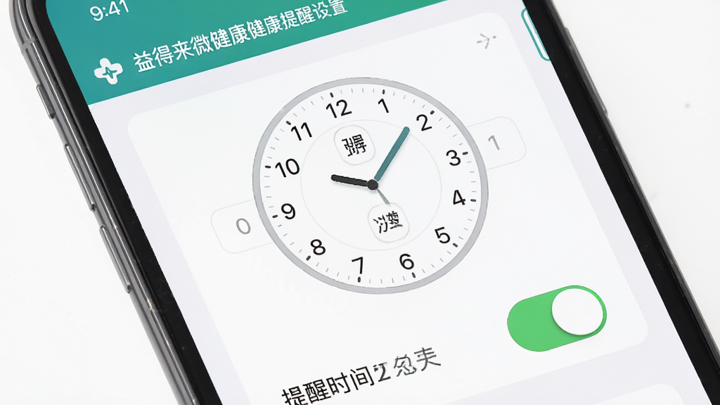 益得来微健康健康提醒设置界面,画面主体为手机屏幕展示提醒时间设置面板,布局为时钟选择器和开关按钮组合,排版清晰,风格为清爽素雅的工具类界面,细节上时间选择器为圆形表盘样式,开关按钮为绿色激活状态,画质高清,干净,无多余元素
