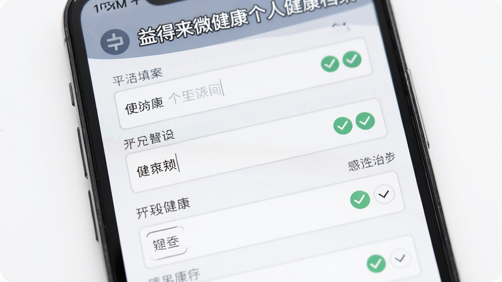 益得来微健康个人健康档案页面,画面主体为手机屏幕显示档案填写表单,布局为纵向排列的输入框和选择项,排版规整,风格为简约商务风,细节上表单字段带有浅灰色边框和绿色勾选图标,背景干净,画质高清,无多余元素