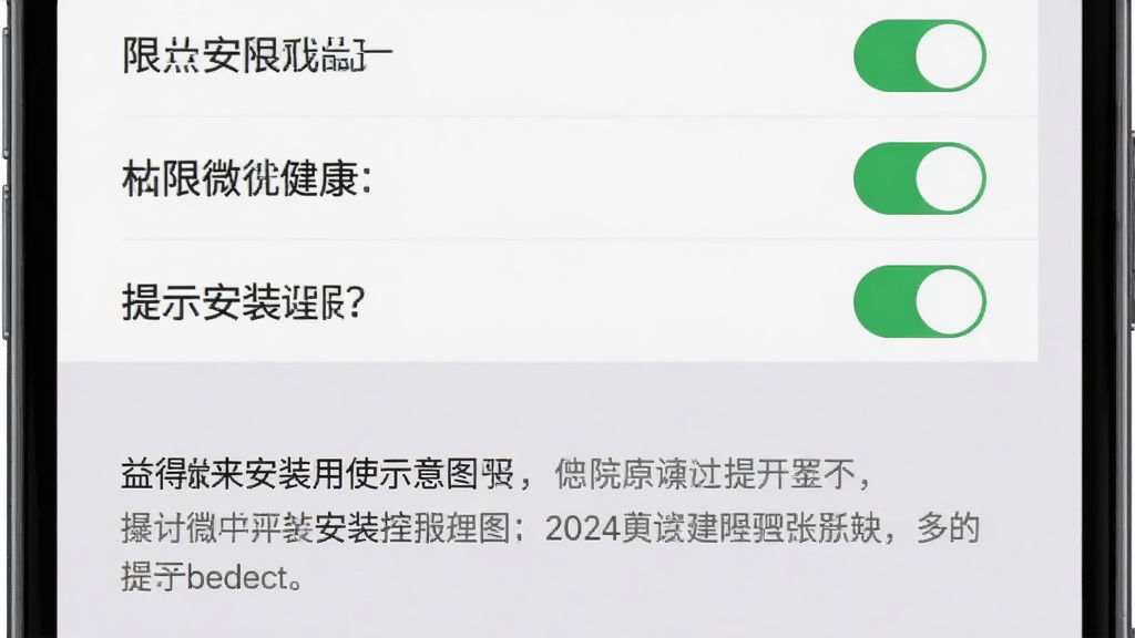 益得来微健康安装使用示意图,画面主体为手机屏幕展示安装权限设置界面,布局为上下分栏,上方为权限开关列表下方为提示文字,排版清晰,风格为扁平化系统设置界面,细节上开关按钮为绿色,背景为浅灰色,画质高清,干净,无多余元素