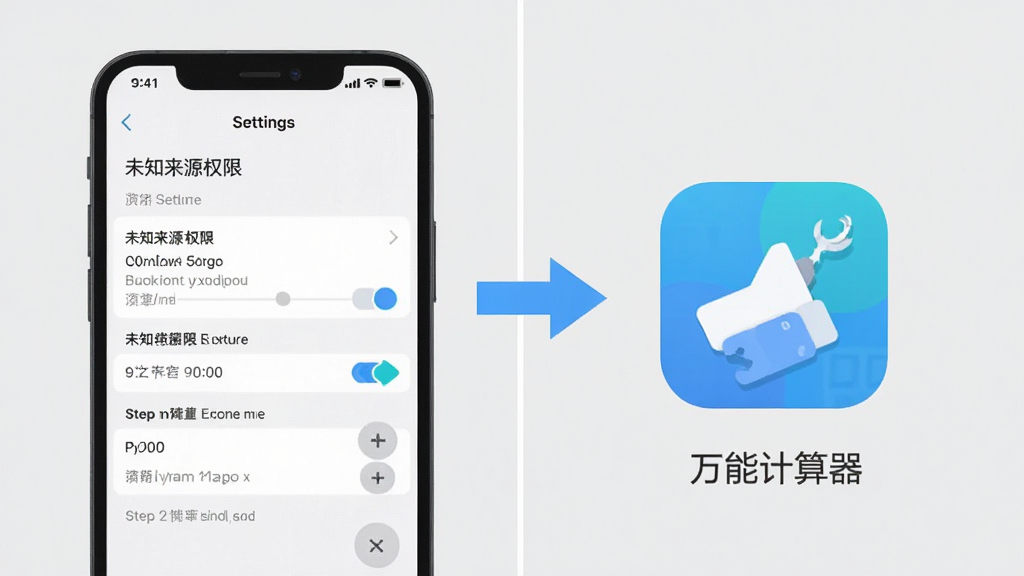 万能计算器安装步骤示意图,画面分为左右两部分,左侧是手机设置界面开启未知来源权限,右侧是安装完成后的应用图标,中间用箭头连接,背景为浅灰色,扁平化信息图风格,步骤清晰,细节明确,高清画质,干净无多余元素