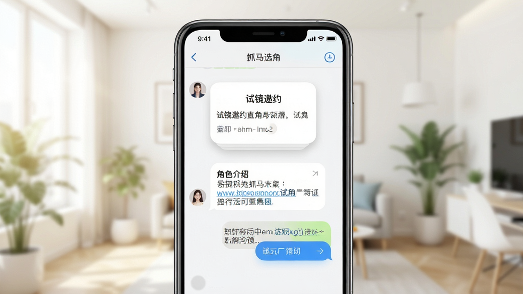 一张展示抓马选角即时沟通界面的手机截图风格插图,画面中手机屏幕显示聊天对话框,对话框内有“试镜邀约”卡片和角色介绍链接,背景为明亮的室内环境虚化处理,风格为写实UI展示图,细节上聊天界面有轻微阴影和圆角设计,画质高清,干净,无多余元素