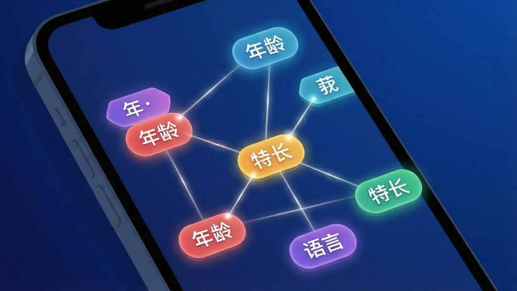 一张展示抓马选角智能标签匹配功能的界面插图,画面主体为手机屏幕特写,屏幕上显示多个彩色标签如“年龄”“特长”“语言”等被依次点亮,标签之间用光线连接形成筛选网络,背景为深蓝色渐变,风格为扁平化科技插画,细节上标签带有轻微的发光效果,画质清晰,干净,无多余元素
