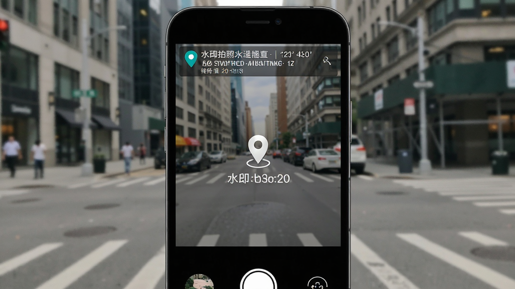 水印拍照定位原相机应用界面截图,画面展示一张带有实时定位水印的照片,水印显示详细地址、经纬度、拍摄时间,背景为城市街景,手机界面布局清晰,风格科技感,细节突出定位图标与水印文字,画质高清,干净,无多余元素