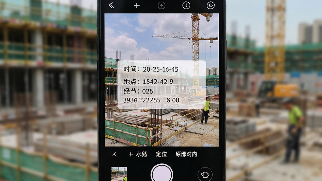 一张手机屏幕展示水印拍照定位原相机的拍摄界面,画面中央是建筑工地场景,照片上叠加了白色半透明水印框,水印内容包含时间、地点、经纬度,背景为手机操作界面,整体布局简洁清晰,风格写实,细节展示水印参数与拍摄按钮,画质高清,干净,无多余元素