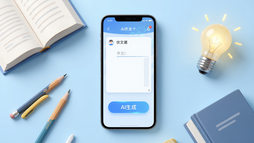 AI作文宝软件主界面展示,画面中央放置一部智能手机,屏幕显示作文输入框与AI生成按钮,周围环绕着书本、铅笔、灵感灯泡等学习元素,背景为柔和的浅蓝色渐变,布局采用居中构图,风格清新简约,细节上突出界面UI的科技感与教育属性,画质清晰,干净,无多余元素