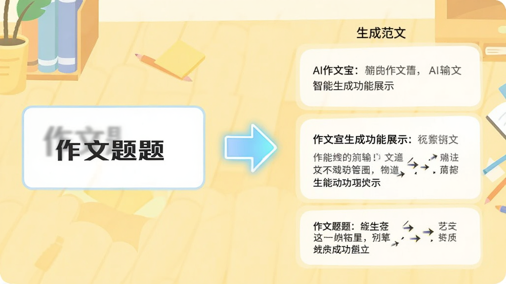 AI作文宝智能生成功能展示,画面左侧是输入框显示作文题目,右侧是生成的范文列表,中间用发光的箭头连接,背景为淡黄色书桌场景,风格为扁平化插画,细节上展示文字从模糊到清晰的生成过程,画质清晰,干净,无多余元素