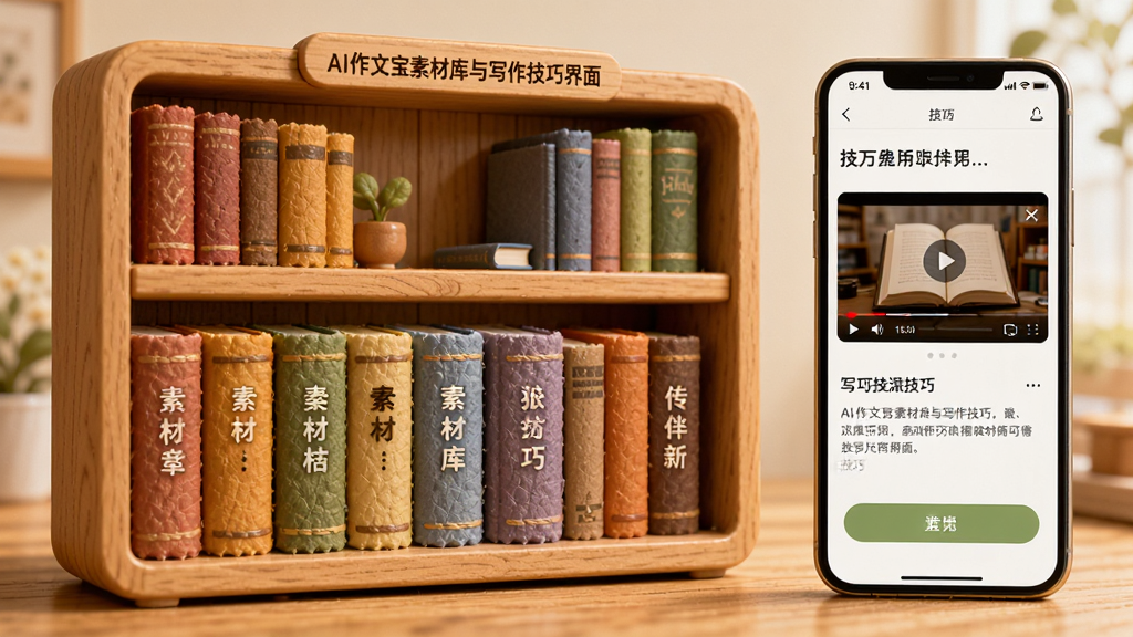 AI作文宝素材库与写作技巧界面,画面展示一个虚拟书架,书架上排列着不同颜色的书籍,每本书代表一个素材分类,旁边有手机屏幕显示技巧视频播放界面,风格为温馨的木质色调,细节上突出书籍的质感和界面的易用性,画质清晰,干净,无多余元素