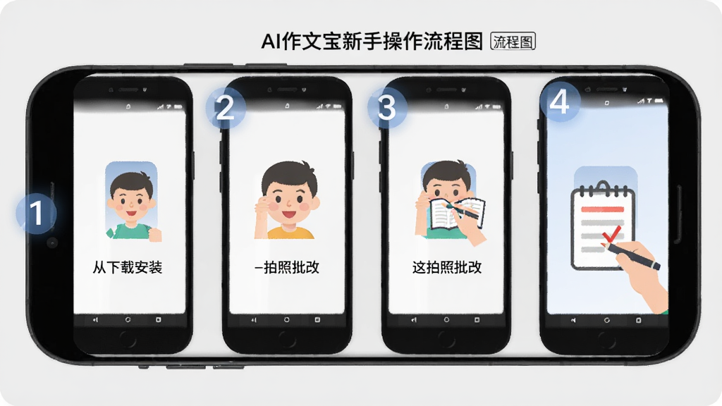 AI作文宝新手操作流程图,画面以手机屏幕为载体,用数字序号标注从下载安装到拍照批改的四个步骤,背景为干净的浅灰色,风格为扁平化信息图,细节上突出每一步的图标和简短文字说明,画质清晰,干净,无多余元素