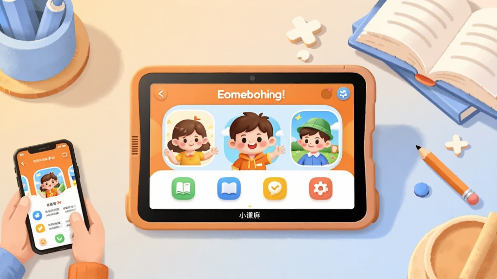 一张展示小课屏品牌形象的场景图,画面中央放置一台小课屏智能学习平板,屏幕显示卡通学习界面,平板周围环绕着家长手机、书本、铅笔等元素,整体采用温暖明亮的橙蓝色调,扁平化插画风格,布局居中对称,细节包括柔和的光影和圆润的图标,画质清晰干净,无多余元素