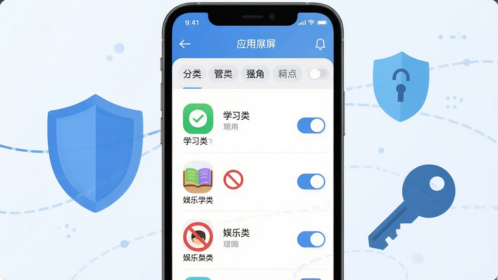 小课屏应用权限管理功能示意图,画面中央展示手机屏幕上的应用管理列表,学习类应用显示绿色对勾,娱乐类应用显示红色禁止图标,周围环绕盾牌、钥匙等安全元素,风格为扁平化设计,浅色背景,布局清晰,细节包含分类标签和开关按钮,画质锐利,无多余装饰