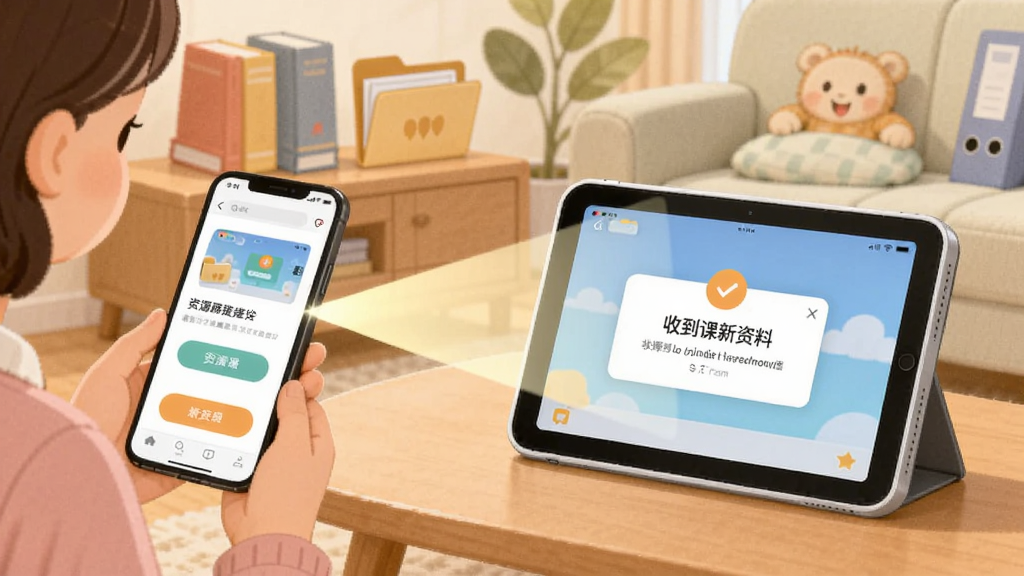 小课屏学习资源推送场景图,画面中家长手机屏幕显示资源推送按钮,一道光线从手机射向孩子的小课屏平板,平板上显示收到新资料的提示弹窗,背景为温馨的家庭客厅,风格柔和插画,细节包含书籍、文件夹图标,画质清晰,干净整洁