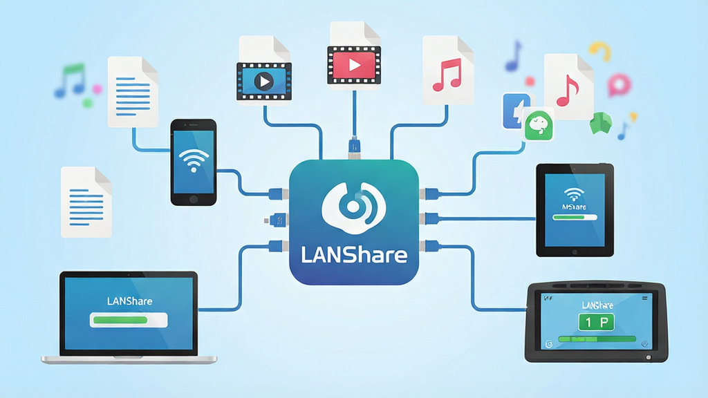 一张展示LANShare软件核心功能的插画,画面中央是“LANShare”的软件图标,周围用数据线连接着智能手机、笔记本电脑、平板电脑和车载导航屏幕,设备之间漂浮着文档、视频、音乐等文件图标,布局呈放射状连接,排版清晰有序,风格为现代扁平化科技风,细节上设备屏幕显示传输进度条,背景为干净的浅蓝色渐变,画质高清,画面干净,无多余元素