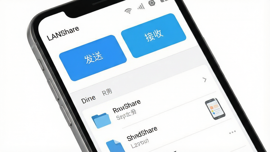 一张展示LANShare软件界面的AI图片,画面主体是一部手机屏幕显示LANShare应用主界面,界面设计极简,顶部有“发送”和“接收”两个大按钮,中间是文件列表区域,布局清晰,排版干净,风格为清新极简风,细节上界面角落有“LANShare”logo,背景为纯白色,画质高清,画面干净,无多余元素