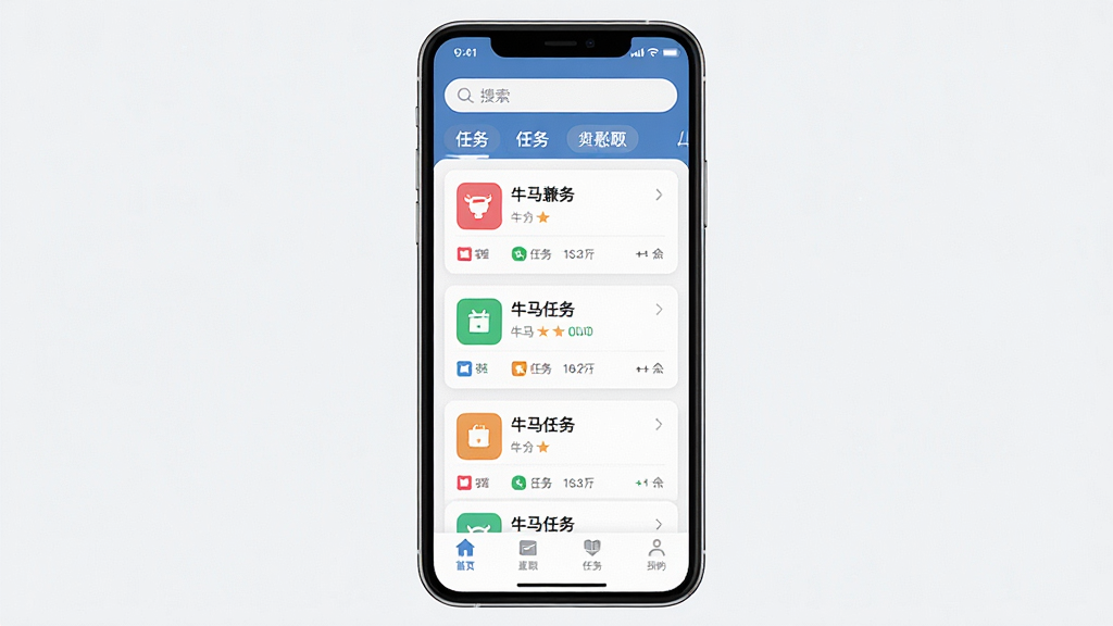 一张展示牛马兼职手机应用主界面的预览图,主体为一部智能手机,屏幕上显示牛马兼职App的任务列表页面,包含多个兼职任务卡片和分类标签,布局居中,排版简洁清晰,风格为现代扁平化UI设计,细节包括顶部搜索栏、底部导航菜单和色彩鲜明的任务图标,画质高清,画面干净,无多余元素。