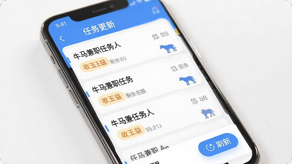 一张展示牛马兼职App任务更新界面的图片,主体为手机屏幕显示牛马兼职的任务列表,布局为纵向滚动列表,排版整齐,风格为清爽明亮的科技风,细节包括任务标题、收益标签、剩余名额和刷新按钮,画质清晰,画面干净,无多余元素。