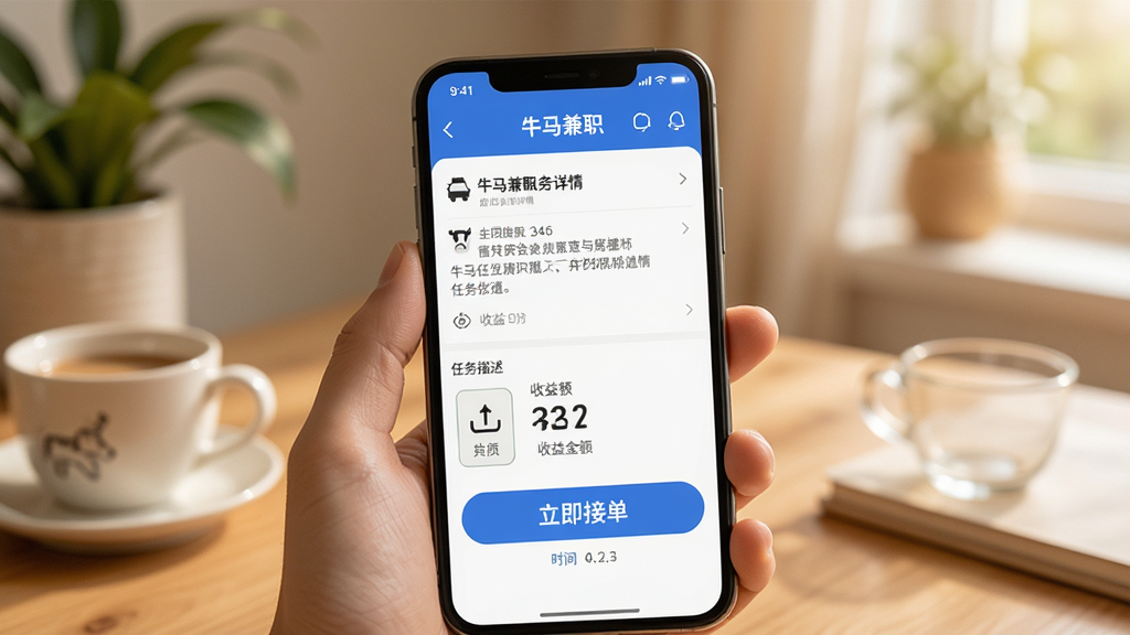 一张展示牛马兼职App自由接单场景的图片,主体为手机屏幕显示牛马兼职任务详情页,布局为上下结构,排版清晰,风格为温馨生活化场景,细节包括任务描述、收益金额、立即接单按钮和时间提示,画质高清,画面干净,无多余元素。