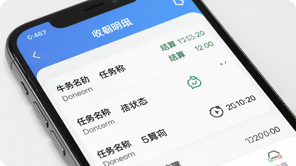 一张展示牛马兼职App收益明细页面的图片,主体为手机屏幕显示收益记录列表,布局为纵向列表,排版简洁,风格为现代商务风,细节包括收益金额、任务名称、结算状态和时间日期,画质清晰,画面干净,无多余元素。