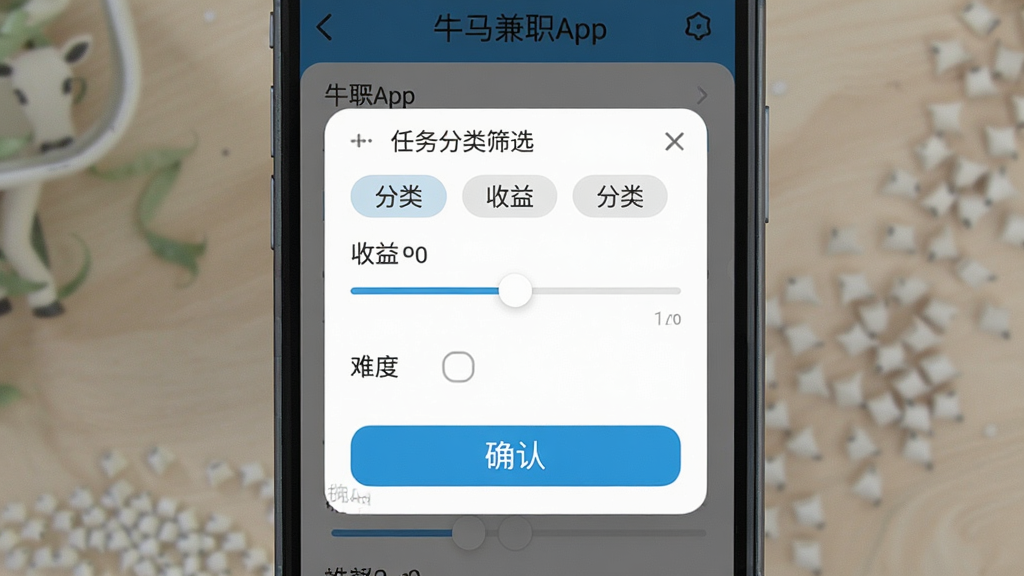一张展示牛马兼职App任务分类筛选功能的图片,主体为手机屏幕显示筛选条件面板,布局为弹窗式设计,排版紧凑,风格为简约实用风,细节包括分类标签、收益滑块、难度选项和确认按钮,画质高清,画面干净,无多余元素。