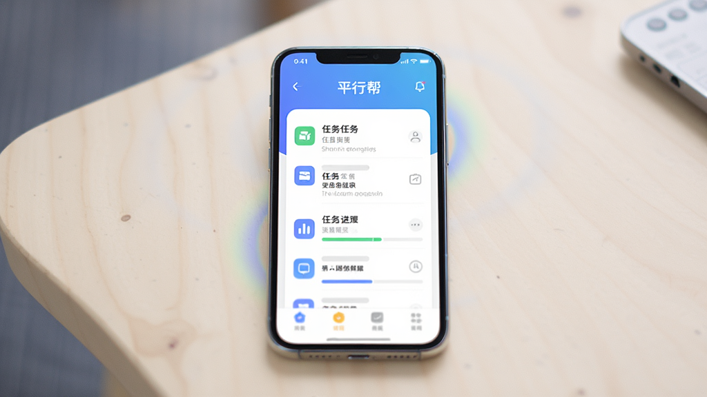 主体为一部智能手机,屏幕中显示“平行帮”应用界面,界面包含任务列表和进度条元素,布局为手机居中放置于浅色桌面背景上,排版简洁清晰,风格为现代科技感扁平化设计,细节包括手机边框反光、界面图标圆角、背景有轻微渐变光晕,画质为高清1080p,干净无多余元素