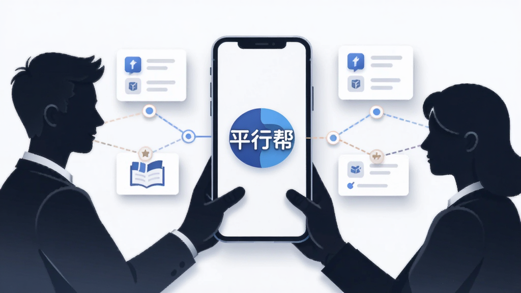 画面主体为两个人物剪影通过手机屏幕连接,屏幕中央显示“平行帮”文字标识,布局为左右对称式构图,排版上人物位于两侧、手机居中,风格为简约商务插画风,细节包括连接线条、任务卡片图标、柔和阴影,画质为高清,干净无多余元素