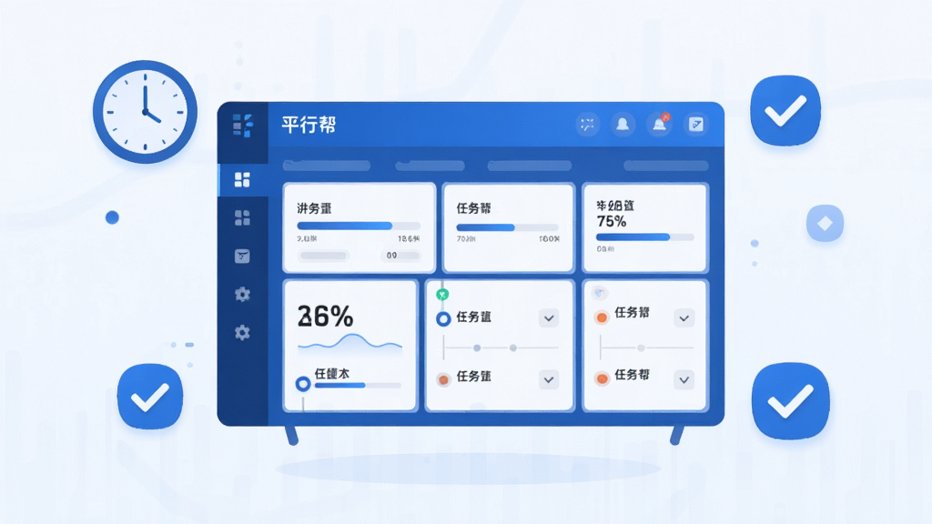 主体为一块悬浮的数字化看板,看板上显示“平行帮”进度管理界面,布局为看板居中、周围环绕时钟和勾选图标,排版层次分明,风格为科技蓝调扁平设计,细节包括进度条、百分比数字、任务节点标记,画质为高清,干净无多余元素