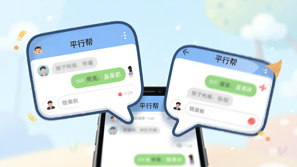 主体为两个对话气泡从手机屏幕中弹出,气泡内显示“平行帮”聊天界面元素,布局为气泡一左一右、手机位于下方,排版活泼生动,风格为清新浅色卡通风格,细节包括气泡尾巴、消息提示点、柔和背景,画质为高清,干净无多余元素