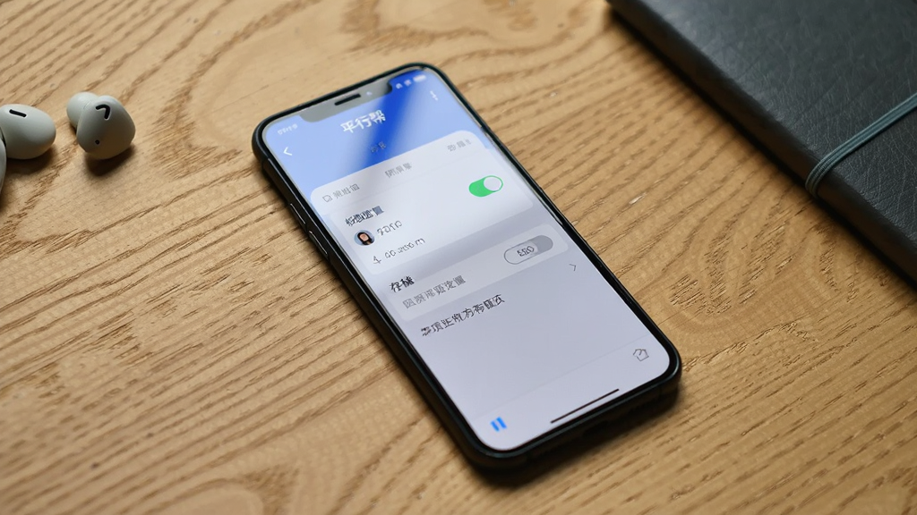 主体为一部手机屏幕显示“平行帮”设置界面,界面中包含权限开关和存储选项,布局为手机斜放在木质桌面上,排版自然随意,风格为生活化实拍感,细节包括屏幕反光、桌面纹理、旁边有耳机和笔记本,画质为高清,干净无多余元素